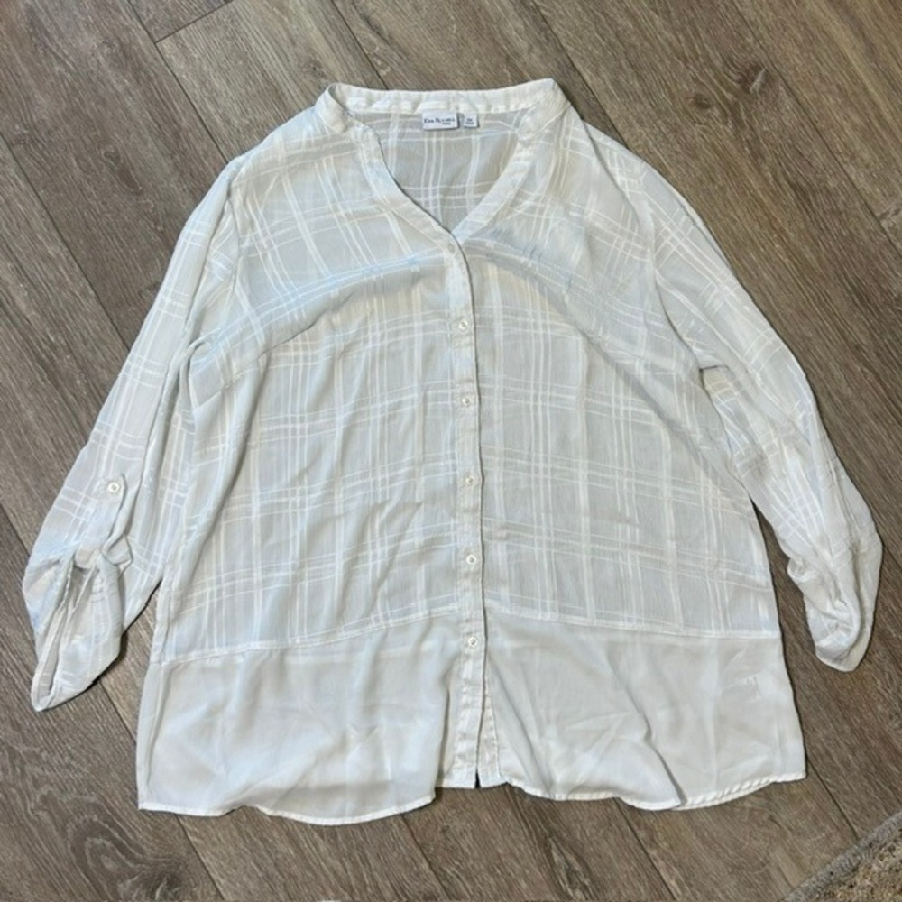 Kim Rogers Curvy Sheer White Long Sleeve Tunic Blouse Roll Tab Sleeve 2X